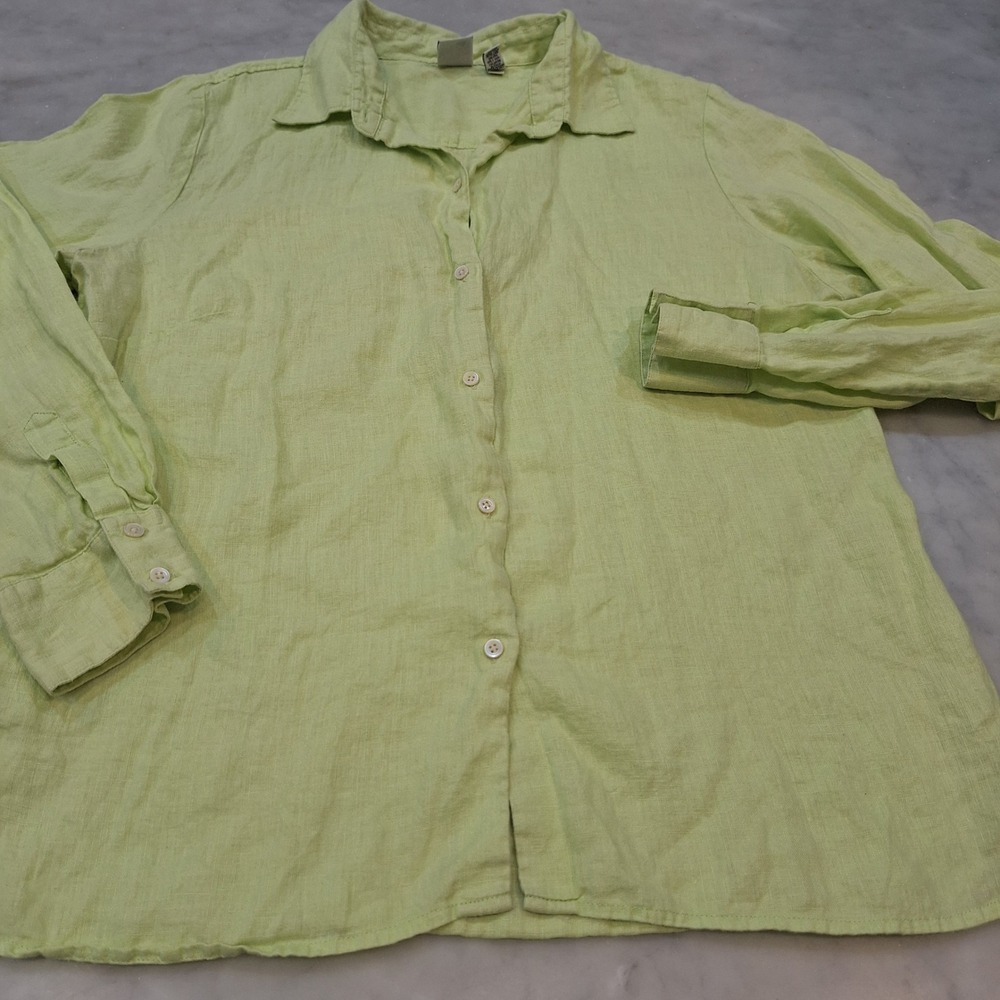 Gap Button Down Shirt Womens L Lime Green 100% Linen Long Sleeve Casual Top